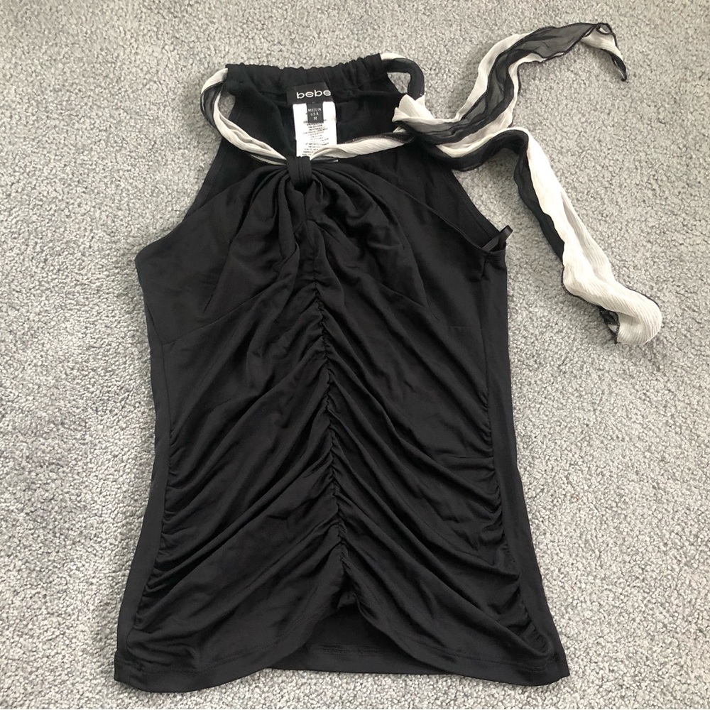 euc BEBE sleeveless black stretch Y2K short top silk neck tie M med medium USA